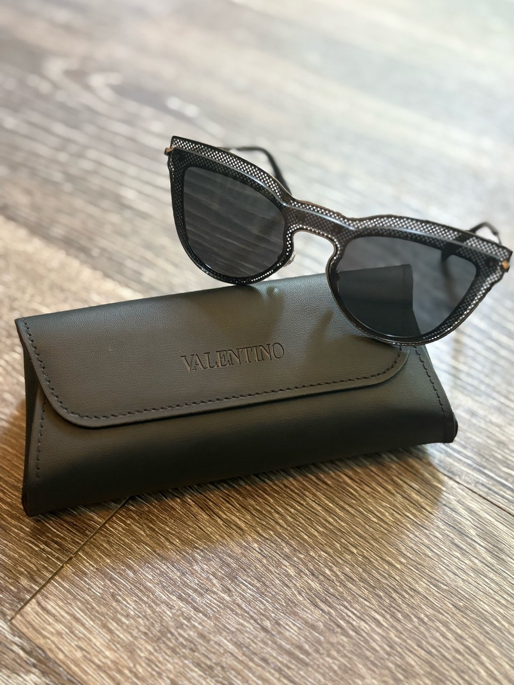 Valentino Black Cat-Eye Sunglasses with Perforated Metal